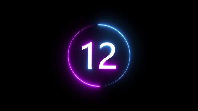 A dynamic circular animation, and glowing count neon number 12 animation . on a black background. and creating a stunning 4k video.