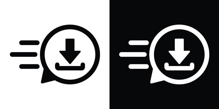 Download arrow icon inside a moving speech bubble. Minimalist vector set representing fast downloads, quick file transfers, rapid data updates, and high-speed web installations.