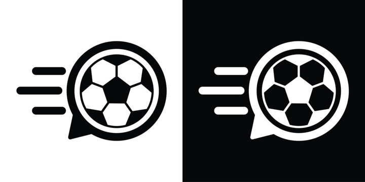 Minimalist soccer ball icon in a speech bubble with speed lines. Black and white vector set representing fast sports news, live match scores, and rapid football updates.
