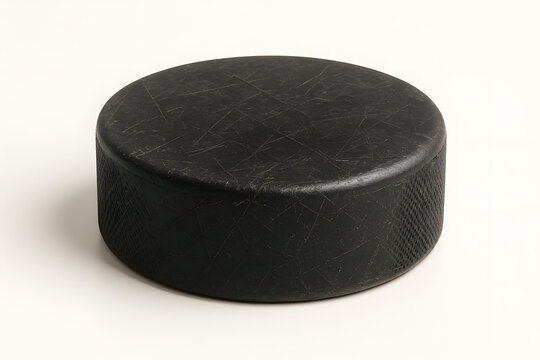 Official Black Ice Hockey Puck Isolated on White Background - Scuffed Vulcanized Rubber Disc with Diamond Texture for Professional Sports, Gear, and Game Equipment