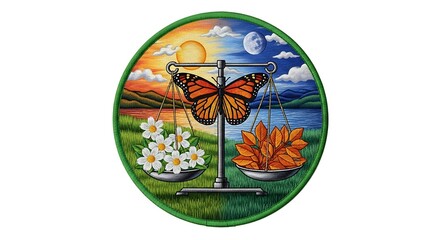 A circular illustration of balance. Nature divided by day/night. Scales show flowers/leaves