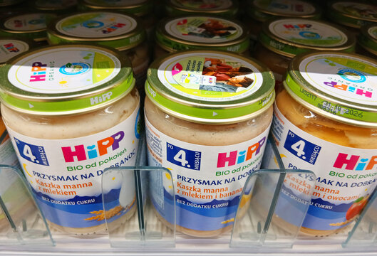 Koninko, Poland - 28 February 2026: Hipp baby food on a store shelf.