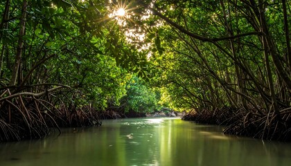 Obraz premium Sun beams through dense mangrove forest canopy, reflecting on the calm water surface of a narrow stream