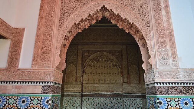 Ornate interior details inside the Saadian Tombs in Marrakesh, Morocco