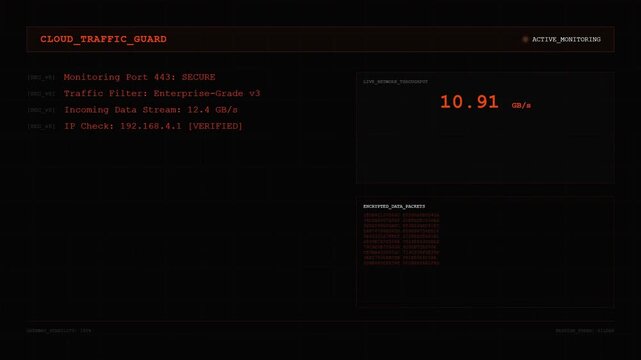 Cloud Traffic Guard &ndash; Enterprise Cyber Security Firewall with Encrypted Data Stream Animation.