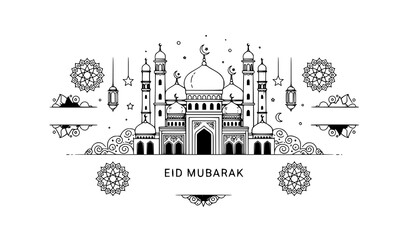 Islamic Eid Mubarak festival greeting template with mosque dome crescent and lantern vector illustration © MdAiyub