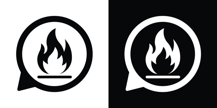 Flame fire icon inside a speech bubble. Black and white vector representing trending topics, hot news, or heat warnings. Great for social media trends and emergency alert UI design.