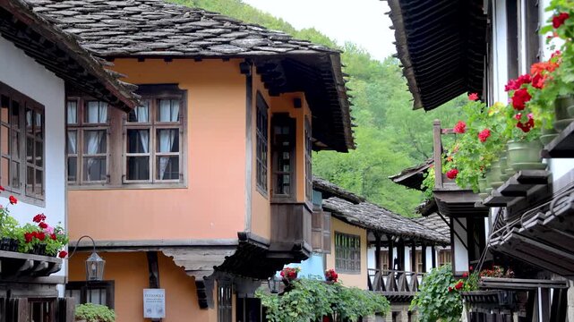 Traditional wooden houses in Etar near Gabrovo , Bulgaria, 4k video