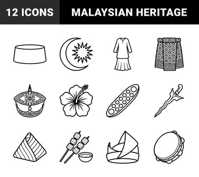 Malaysian cultural heritage and national symbols in a clean monoline aesthetic. Traditional ethnic elements for educational and travel storytelling designs.