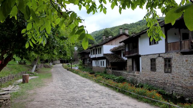 Alley and traditional buildings in Etar near Gabrovo , Bulgaria, 4k video