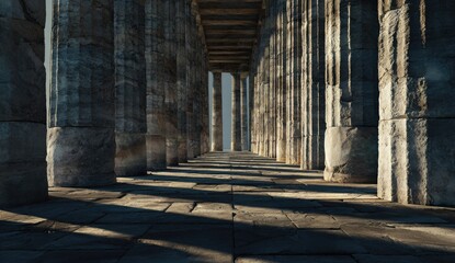 Naklejka premium Ancient Greek Temple Columns Hallway with Sunlight and Shadows.