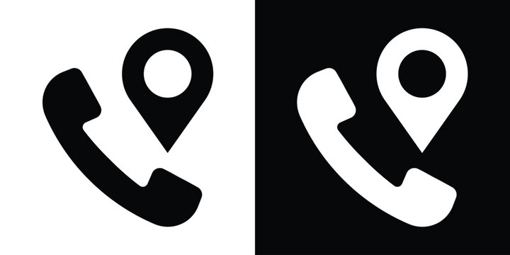 Vector flat icon of a telephone handset with a GPS location pin. Minimalist design representing contact location, office address, and branch finder in black and white styles.