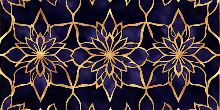 Elegant Geometric Floral Pattern in Royal Amethyst and Gold on Dark Background for Decor Print
