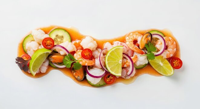 Vibrant Mariscal: Macro Close-up of Fresh Chilean Raw Seafood Cocktail or Broth