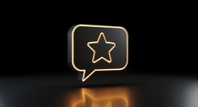 A glossy black speech bubble with a golden outline and star icon, set against a dark backdrop