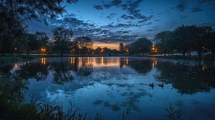 Obraz premium Twilight Serenity - Reflective Lake Under a Cloudy Sky at Dusk.