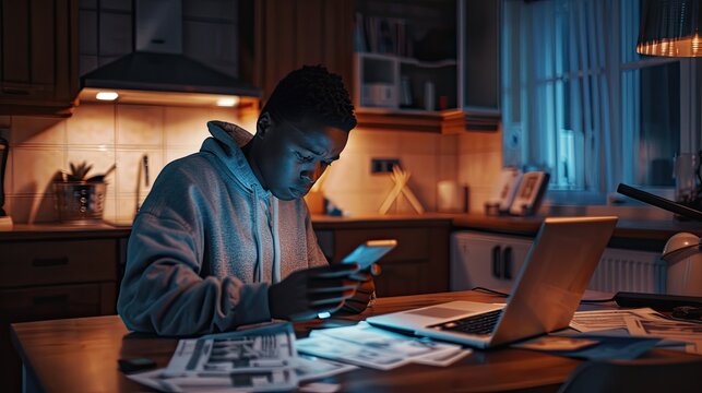 Young man working late at night on his smartphone and laptop in a dimly lit kitchen.