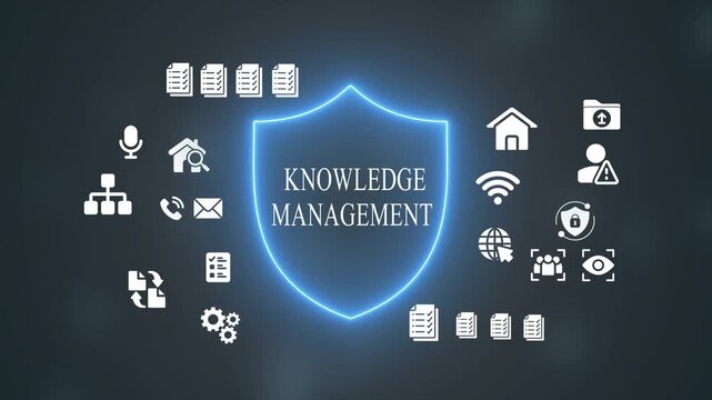 Knowledge Management Concept with Shield and Various Business Related Symbols on Dark Background security