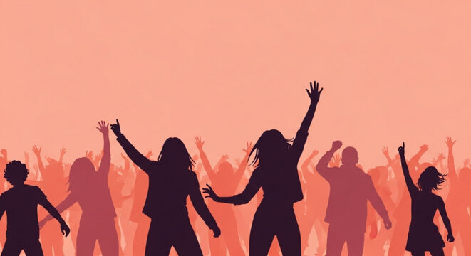 Silhouettes of people dancing and raising hands in a vibrant pink crowd expressing joy and celebration at a lively party or music festival with a colorful background