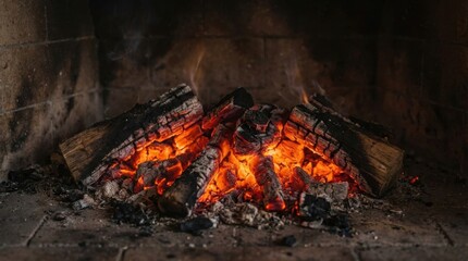 Fototapeta premium Burning logs creating warmth and glowing embers in fireplace