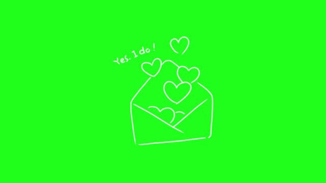  'Yes, I do!' message with hearts in an envelope on green screen