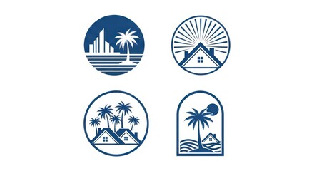 Collection of simple blue icons representing tropical destinations and vacation homes, featuring palm trees, buildings, and serene landscapes.