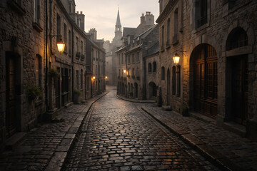 Obraz premium Ancient cobblestone street winding through historic europe town illuminated by lanterns