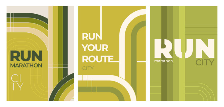 Marathon poster set, vector backgrounds. Sport banners collection with abstract running tracks, color lines with dynamic speed effect, race events design, competition layout template, invitation cards