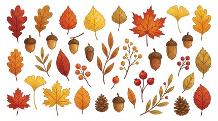 Fototapeta premium decorative seasonal autumn leaves and acorns illustration set optimized for both print and digital design projects isolated on white background