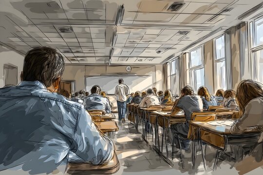 Exam classroom scene with students at desks and a proctor walking aisles clear well-lit view