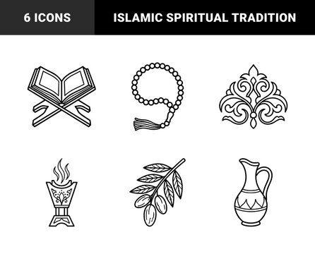 Islamic cultural heritage and religious ritual elements featuring Quran on Rihal, prayer beads, and traditional incense burner. Black monoline aesthetic for middle eastern spiritual branding.