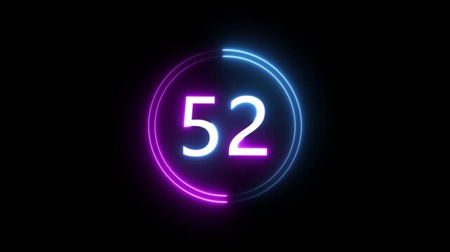 A dynamic circular animation, and glowing count neon number 52 animation . on a black background. and creating a stunning 4k video.