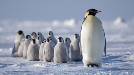 Emperor penguin with chicks in snowy landscape
