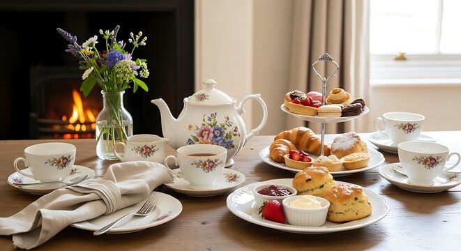 Cozy afternoon tea setup with floral china and delicious pastries by fireplace
