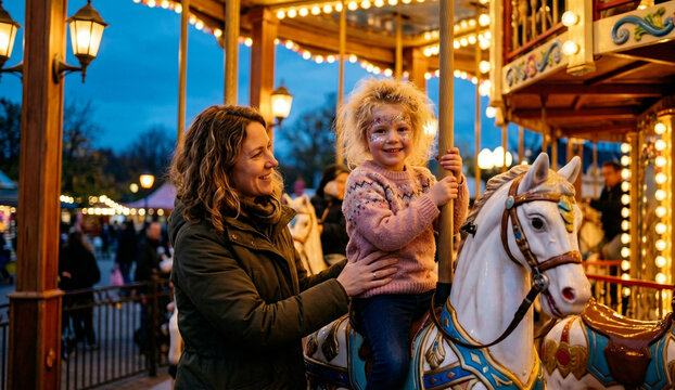 Happy mother and daughter enjoying a ride on a vintage carousel during evening festivities.