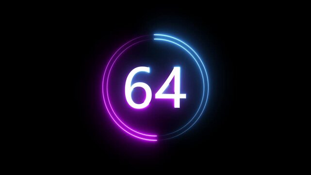 A dynamic circular animation, and glowing count neon number 64 animation . on a black background. and creating a stunning 4k video.