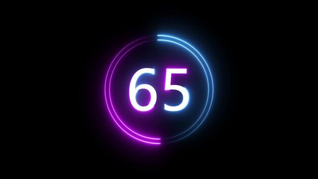A dynamic circular animation, and glowing count neon number 65 animation . on a black background. and creating a stunning 4k video.