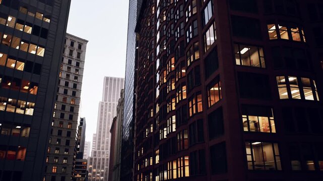 urban canyon at golden hour, narrow downtown street framed by towering skyscrapers with warm office lights glowing through patterned windows architect