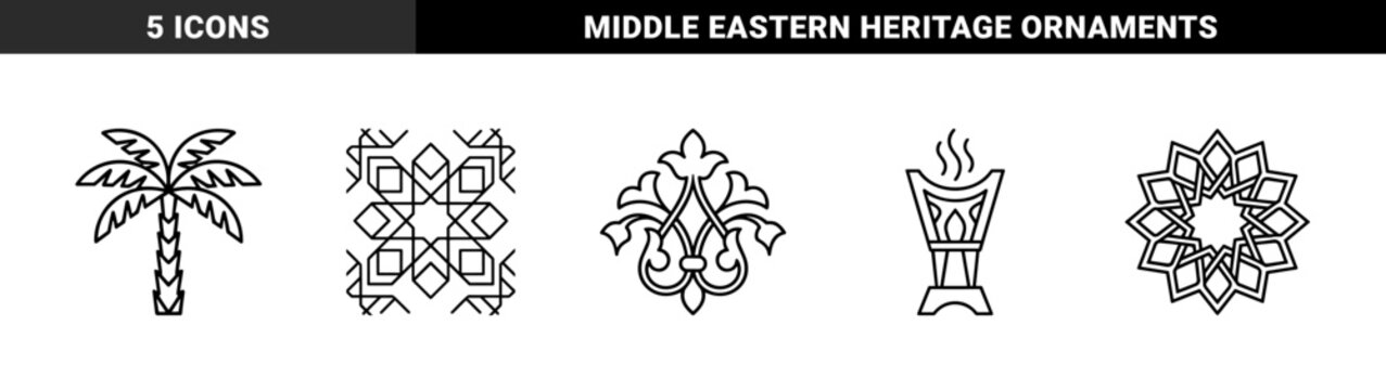 Traditional Middle Eastern cultural symbols and geometric arabesque motifs. Minimalist monoline illustrations featuring a palm tree, incense burner, and Islamic patterns.