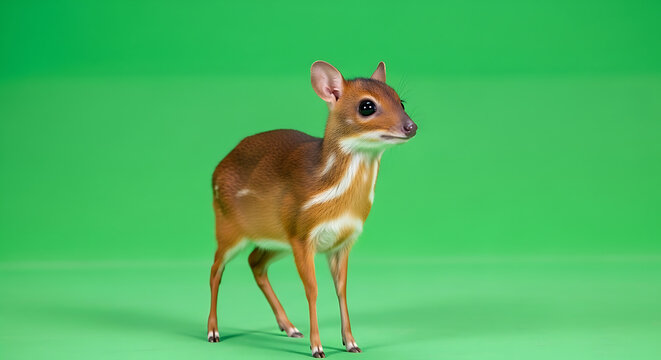 Small deer-like animal standing on a green background, a studio portrait of a real fawn
