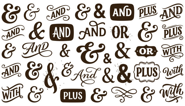 A collection of various stylized ampersands the words AND OR and PLUS in different fonts and decorative elements on a white surface symbol typography text lettering design
