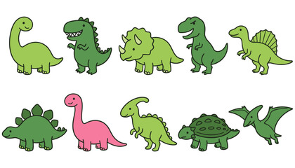 Fototapeta premium A collection of cute hand drawn dinosaurs in various poses and species rendered in a simple cartoon style with green and pink hues illustration prehistoric animal reptile