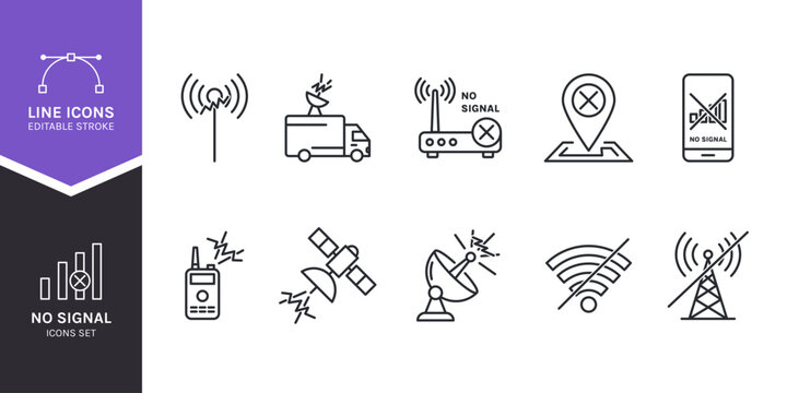 No Signal and Communication Icons Pack, Live news, WiFi, Satellite, Tower and Jammer No Signal Vector Set with Editable Stroke