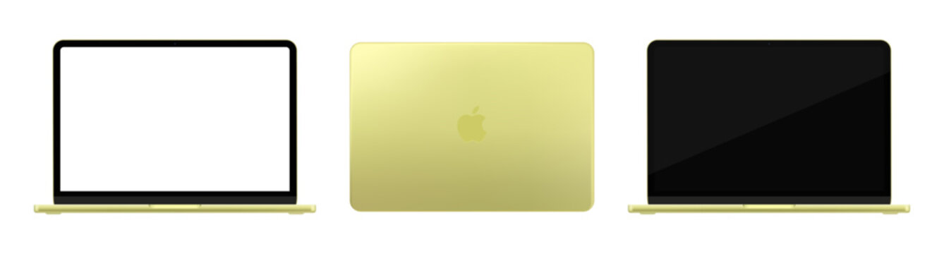 Photorealistic detailed New Apple Macbook NEO 2026 Citrus mockup. Front and rear view on isolated on transparent background. Vector editorial illustration