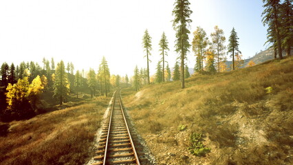 Fototapeta premium Sunlit railway track through autumn meadow, gentle golden light bathing pinestudded hillside, weathered rails stretching toward distant horizon, peaceful
