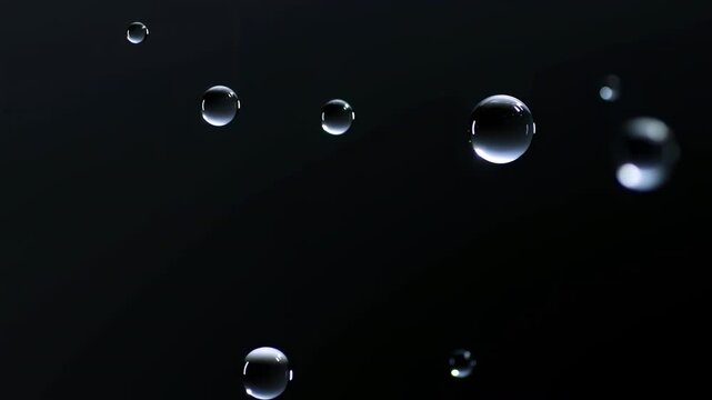 Suspended Liquid Beads With Reflections. Closeup Of Floating Water Bubbles With Shiny Highlights