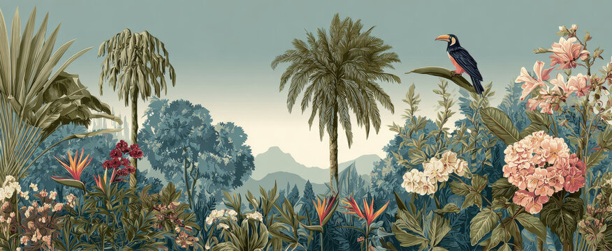Tropical jungle landscape with palm trees and mountains shrouded in mist, vintage botanical illustration style