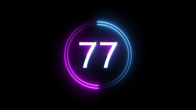 A dynamic circular animation, and glowing count neon number 77 animation . on a black background. and creating a stunning 4k video.
