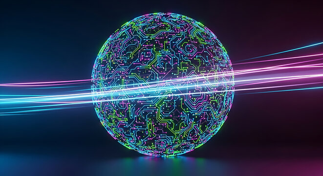 High tech 3D sphere with vibrant purple and green circuit paths