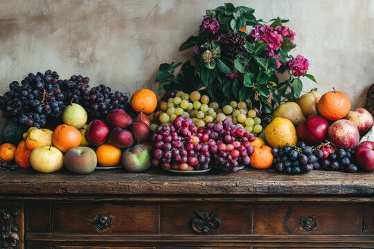 still life with fruits and flowers